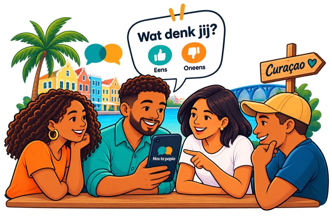 Vier mensen op Curaçao praten met elkaar over de vraag van vandaag